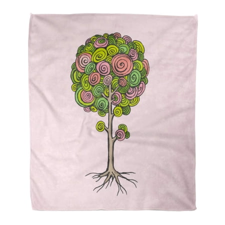 ASHLEIGH Throw Blanket 58x80 Inches Green Beautiful Spring Tree with Blooming Flowers Leaves and Roots Pink Doodle Plant Warm Flannel Soft Blanket for Couch Sofa Bed
