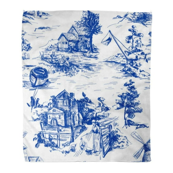 ASHLEIGH Throw Blanket Warm Cozy Print Flannel Classic Pattern Old Town Village Scenes of Fishing in Toile De Jouy White Comfortable Soft for Bed Sofa and Couch 58x80 Inches
