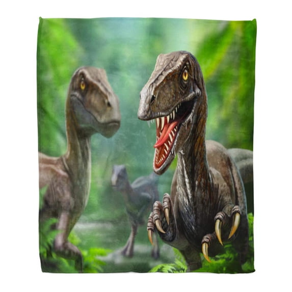 ASHLEIGH Throw Blanket Warm Cozy Print Flannel Green Triceratops Three Dinosaurs Velociraptors in Nature Comfortable Soft for Bed Sofa and Couch 50x60 Inches