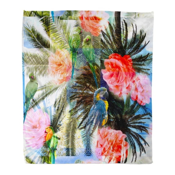 ASHLEIGH Throw Blanket Warm Cozy Print Flannel Tropical Pattern Palm Leaves Roses and Parrots on Trees Colorful Gorgeous Comfortable Soft for Bed Sofa and Couch 58x80 Inches