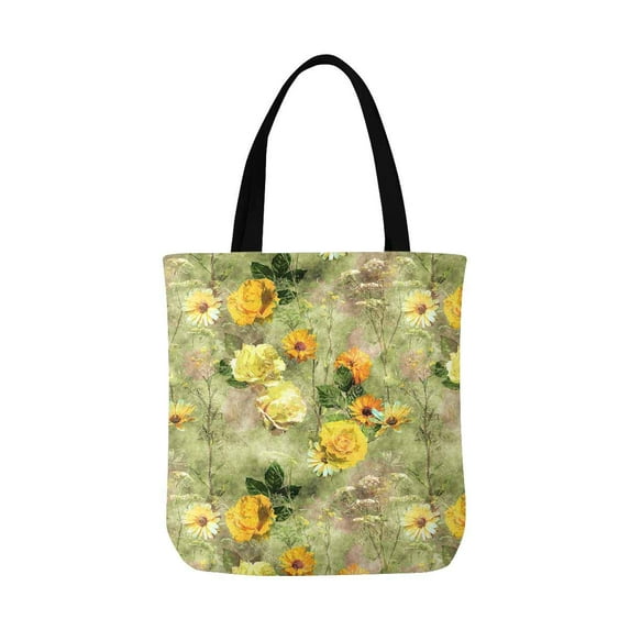 ASHLEIGH Vintage Watercolor Floral Pattern with Yellow Roses Peonies Leaves and Grasses Canvas Tote Bag Resuable Grocery Bags Shopping Bags Perfect for Crafting Decorating for Women Men Kids