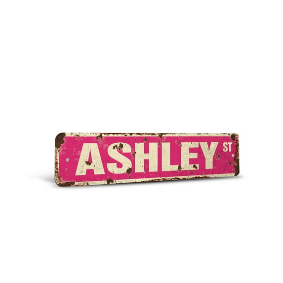 ASHLEY Vintage Style Rustic Street Sign – Childrens Name Room Sign Retro Decorative Wall Sign for Home, Bar, Garage, or Outdoor Use | 6" X 24" Plastic Road Sign