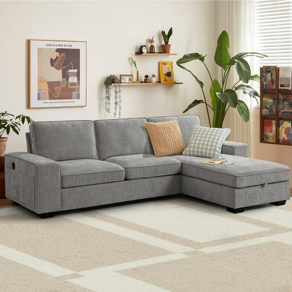 ASHOMELI Fabric USB and Type C Charging Ports Sectional Sofa, Gray