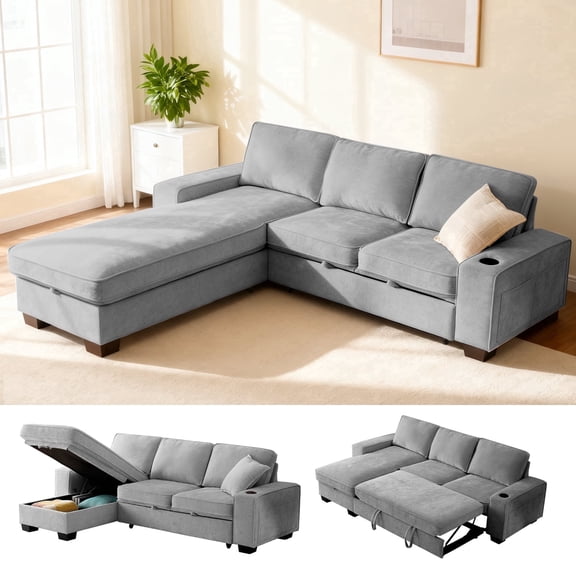 ASHOMELI 99" Convertible Sleeper Sofa Bed,L Shaped with Storage Chaise Pull Out Couch for Living Room,USB and Type-C,Removable Washable Chenille Covers (Gray)