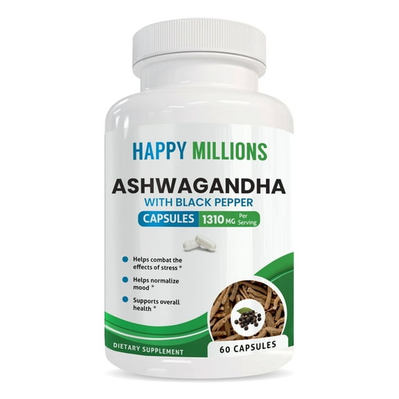 Happy Millions Ashwagandha with Black Pepper Herbal Supplement 1310mg, 60 Capsules (Non-GMO), Gluten-Free