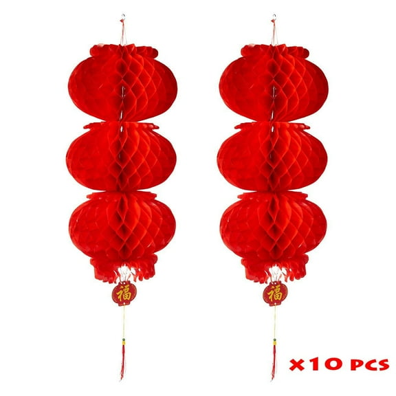 ASIAN HOME 3-Layer Red Paper Lantern Hanging Lanterns for Chinese Spring Festival, Wedding, Celebration, Lantern Festival Festive Decoration (10 Piece)