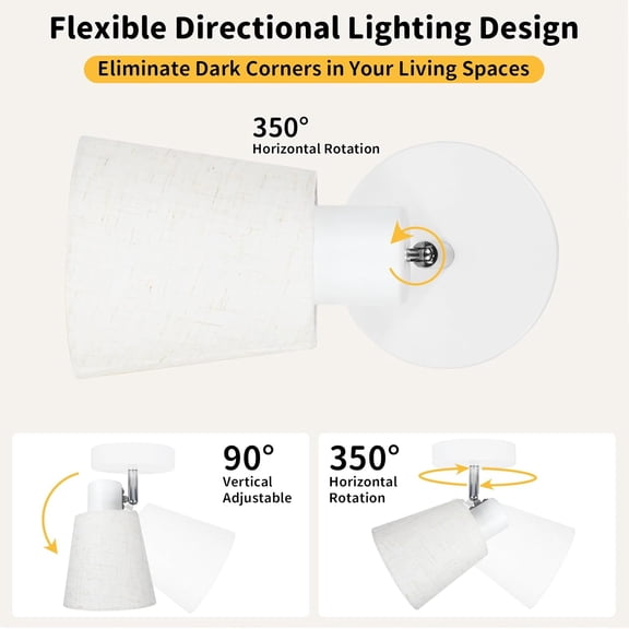 ASIASN-1-Light Ceiling Track Lighting Fixture Farmhouse, Modern White Directional Flush Mount Spotlight w/Linen Shade for Bedside Picture Studio Art, E26 Base (Bulbs Not Included)