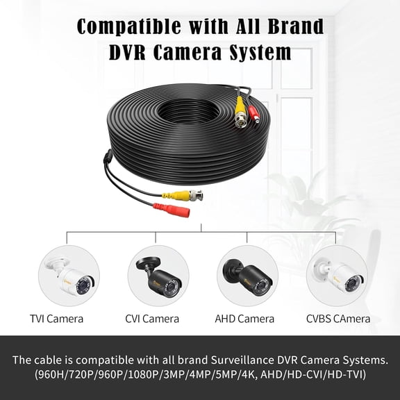 ASIASN-1 Pack 100ft BNC Video Power Cable Security Camera Cable Wire Cord for CCTV DVR Surveillance System with Connectors (BNC Female and BNC to RCA) (Black, 100FT)