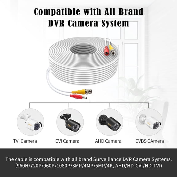 ASIASN-1 Pack 150ft White BNC Video Power Cable Security Camera Cable Wire Cord for CCTV DVR Surveillance System with Connectors (BNC Female and BNC to RCA) (White, 150FT)