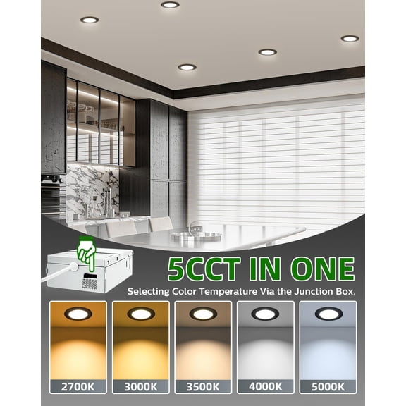 ASIASN-1 Pack 6 Inch Black 5CCT Reset Ultra-Thin LED Recessed Ceiling Light with Junction Box, 2700K/3000K/3500K/4000K/5000K Selectable,12W,Dimmable- ETL and Energy Star Certified