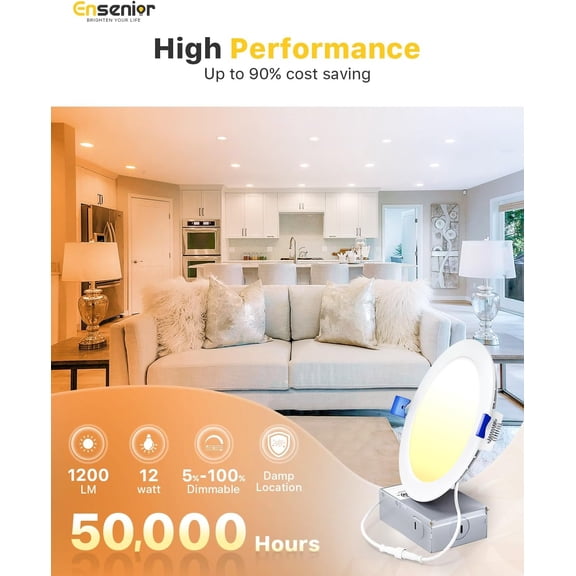 ASIASN-1 Pack 6 Inch LED Recessed Light, Dimmable, 5000K Daylight, 1050LM High Brightness, 12W 120V, Damp Rated, Ultra-Thin Canless Wafer Ceiling Light - ETL & FCC & IC