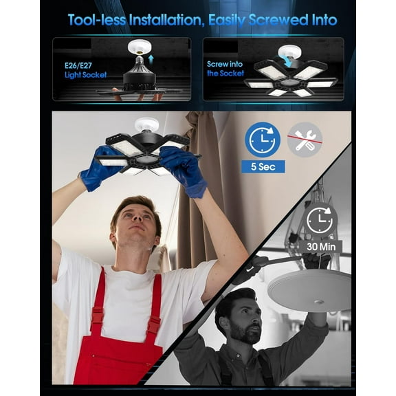 ASIASN-1 Pack Garage Light, 200W 20000LM 6500K LED Shop Lights, Garage Lights Ceiling Led with 6+1 Deformable Panels, Screw in E26/E27 Socket Bulb for Warehouse, Workshop, Basement, Barn Lighting