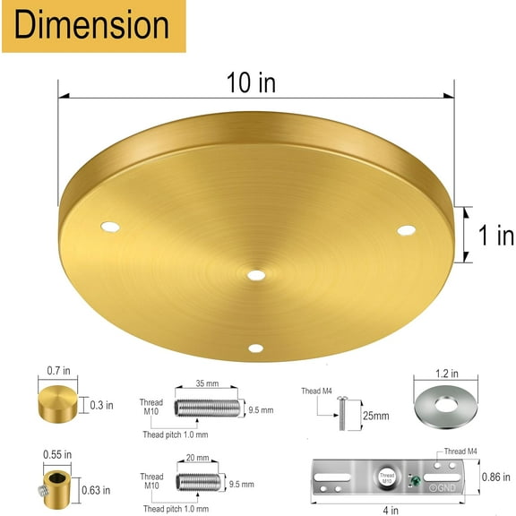 ASIASN-10 Inches Light Canopy Kit, Heavy Duty Replacement Ceiling Cover Plate & Mounting Hardware for 3-Light Cluster Pendant Lighting Fixture (Brass)