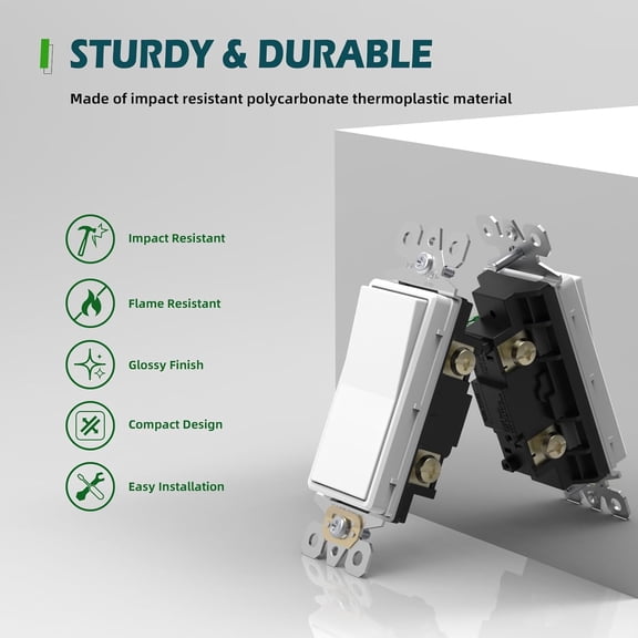 ASIASN-10 Pack 3-Way Decorator Light Switch, Single Pole or Three Way Paddle Rocker Light Switch, 15A 120/277V Electrical Wall Switches, Self-Grounding, Residential Grade, White