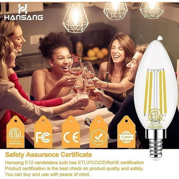 ASIASN-10 Pack E12 Type B Light Bulbs 2700K Warm White, 40W Equivalent LED Candelabra Bulb, 4W Candle Shape B11 LED Bulb for Chandelier, LED Filament with Clear Glass, 120V, 400LM, Non-dimmable