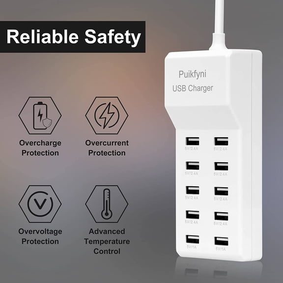 ASIASN-10-Port USB Charger Station, Smart Multiple Charging Block/USB Power Strip for Multiple Devices,Mobile Phones and iPads,Smart Watches Tablets (White)
