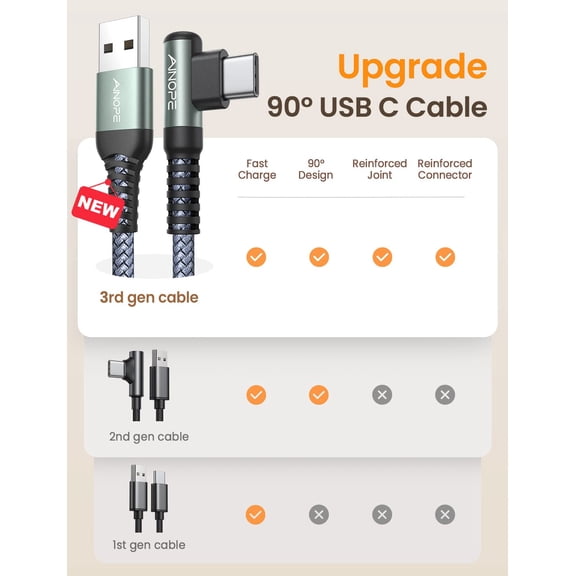 ASIASN-10 ft USB C Cable 2-Pack, 3.1A C Chargers Fast Charging 10 Foot, Resistant Nylon Braided Type C Charger Fast Charging 10ft Right Angle Charger Cord Fit for Galaxy S20 Ultra S10 S10E S9 S8 Plus