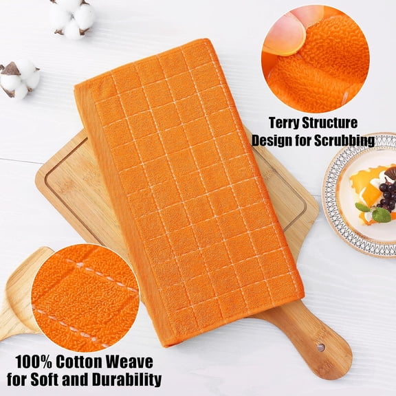 ASIASN-100% Cotton Terry Kitchen Dish Cloths, Ultra Soft and Absorbent Dish Towels for Kitchen, Perfect for Drying and Washing Dishes, 12 Pack, 12 x 12 Inches, Orange