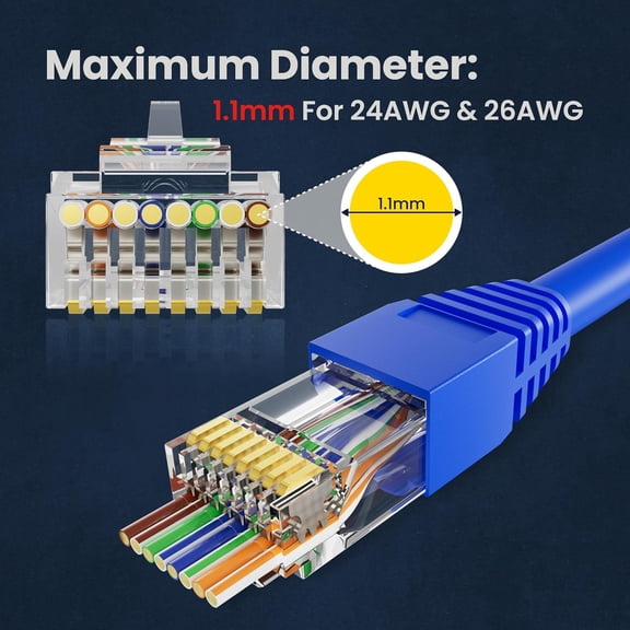 ASIASN-100-Pack Pass-Through RJ45 Connector with Blue Strain Relief Boots, Gold Plated Cat6 RJ45 Connectors Cat 6 Ends Compatible with Cat5/Cat5e, Network Modular Plug for UTP Ethernet Cable