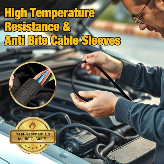 ASIASN-118 Inch Braided Wire Loom Cable Management, Self-Wrap Cord Protectors from Pets No Chew,Black Cord Cover Hide Computer Cords On Desk, (1"-10ft)