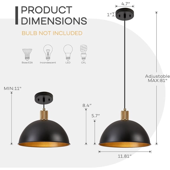 ASIASN-12 Inch Black Dome Pendant Lights for Kitchen Island, Height Adjustable Farmhouse Industrial Hanging Light Fixtures Over Table for Dining Room, Entryway, 1 Pack