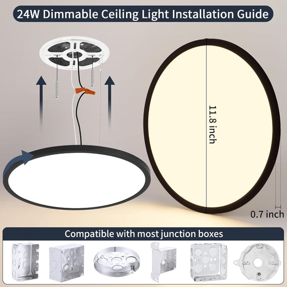 ASIASN-12 Inch Flush Mount Ceiling Light, 24W Dimmable LED Fixture 2400LM, 3000K/4500K/6000K Adjustable, Ultra Thin Round Ceiling Lamp for Bedroom, Kitchen, Living Room, Dining Room, Bathroom, Black