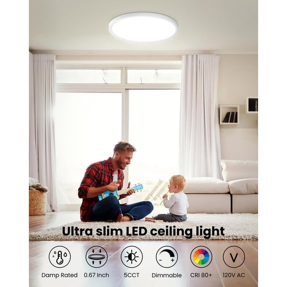 ASIASN-12-Inch Flush Mount Ceiling Light, Dimmable 2700K/3000K/3500K/4000K/5000K Selectable, 0.67in Super Slim 24W 2800LM Light Fixtures for Living Room, Kitchen, 12 Inch 1Pack White