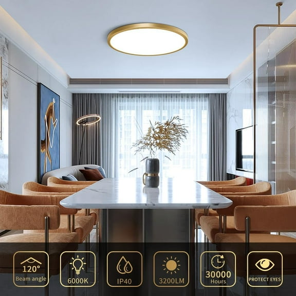ASIASN-12 Inch Gold LED Ceiling Light, 6000K Cold White, 24W Gold Flush Mount Ceiling Light, 3200LM Round Flat Ceiling Lights for Bedroom, Living Room, Dining Room, Stairwells