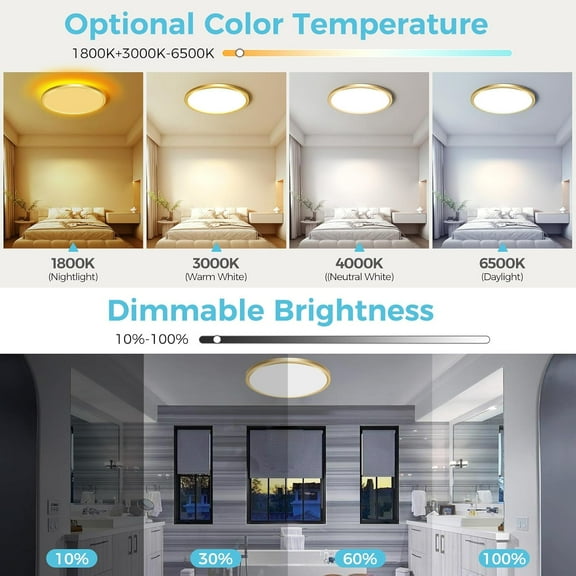 ASIASN-12 Inch Gold LED Ceiling Light with Night Light 1800K, 24W 3000K/4000K/6500K Dimmable Flush Mount Light Fixture with Remote Control, Round Low Profile Lighting for Bedroom Bathroom Kitchen