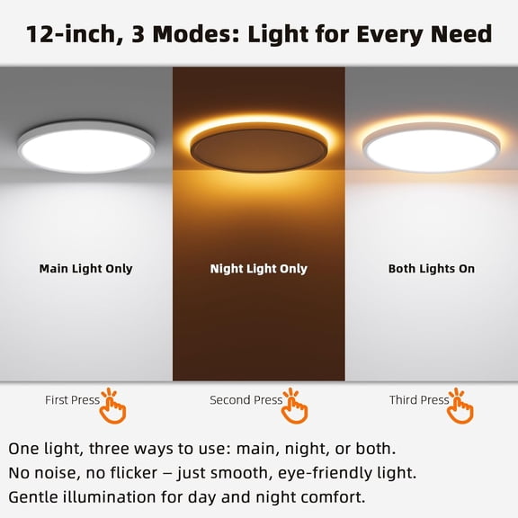 ASIASN-12 Inch LED Flush Mount Ceiling Light with Night Light, 24W 2600LM, 5 Color Selectable (2700K/3000K/4000K/5000K/6500K) & Dimmable, White Round Ceiling Light for Bedroom, Kitchen, Hallway