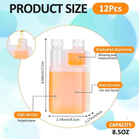 ASIASN-12 Pieces 8.5 oz Plastic Flasks, Measuring Bottle Built in 1 oz Glass Chamber Dispenser with Caps, to Store, Measure Dispense Liquids, Small Plastic Flask, for Concerts Travel Party Events