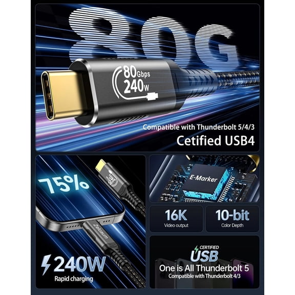 ASIASN-120Gbps Bandwidth USB C Thunderbolt 5 Extension Cable, 80Gbps Date Transfer Cable Extender, 16K 8K 4K Video Sync Display 240W Charging, Compatible with Thunderbolt 4/3 USB-C USB4 Gen4, 2.6FT