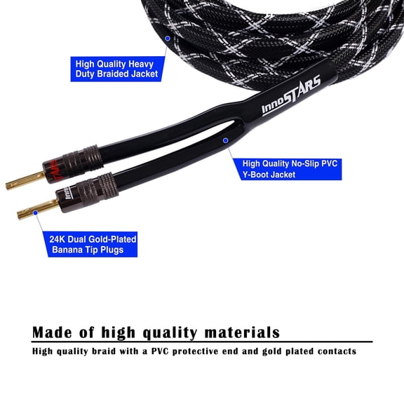 ASIASN-12AWG Speaker Cable Wire with 24K Dual Gold-Plated Banana Tip Plugs (6 Feet) in-Wall CL2 Rated, Premium Heavy Duty Braided, 99.99% Oxygen-Free Copper (OFC) - Black