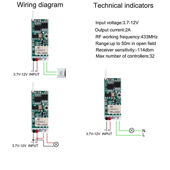 ASIASN-12V Wireless Switch,Dry Contact Remote Switch,with 2A Relay for LED Lights, Electric Lock,Access Control System with164ft Long Range.