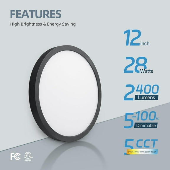 ASIASN-12inch Black LED Flush Mount Ceiling Light, 5CCT Selectable Surface Mount Flat Panel Light, 28W 2400Lm, Dimmable Low Profile Lighting Fixture for Kitchen, Bedroom, Laundry, ETL Listed