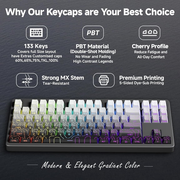 ASIASN-133 Aesthetic Topographic PBT Keycaps, No Tearing, Never Fade & Non-Slip, Modern RGB Backlit Gray-to-Black Gradient Keycaps for Mechanical Keyboard - Ergonomic (Doubleshot, Fit for All MX Layo