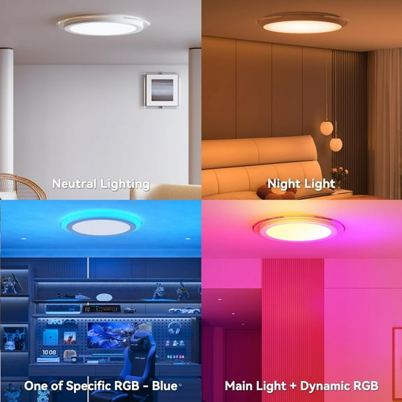 ASIASN-14.2 inch Smart Flush Mount Ceiling Light,RGB LED Ceiling Light Fixture,28W 2800LM Flush Mount Light Fixture,DIY Colors,3000K-6500K Remote Lights for Bedroom,Living Room