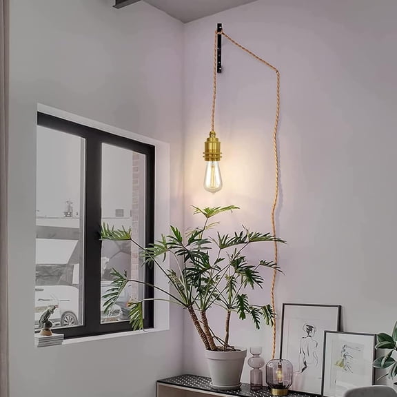 ASIASN-16.4 FT Plug in Pendant Light Cord, DIY Industrial Vintage Hanging Lamp Kit with Hemp Rope Switch Lamp Cord, E26 Socket Set Lighting Fixture Retro Cable Farmhouse Kitchen, Gold(Bulb Not Includ