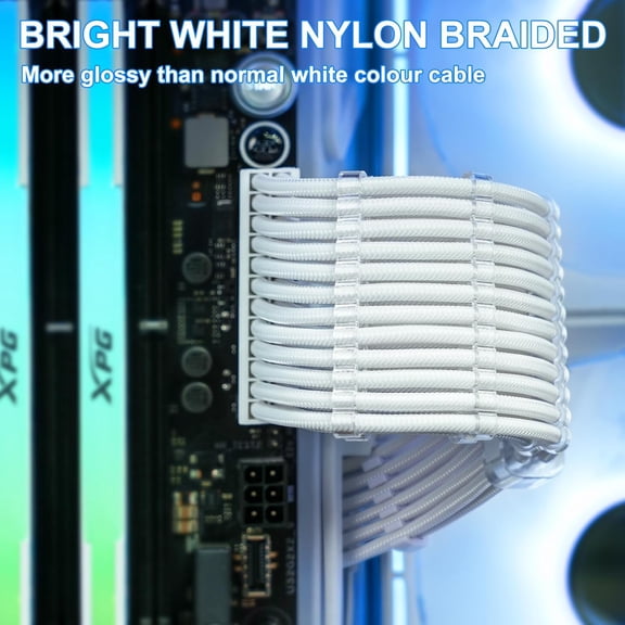 ASIASN-16AWG White PSU Cable Extension Kit - Premium Sleeved Cables with Gold-Plated PCIe Connectors, Includes 24-Pin ATX, 8-Pin EPS, Dual 8-Pin PCIe & Two Sets of Cable Combs