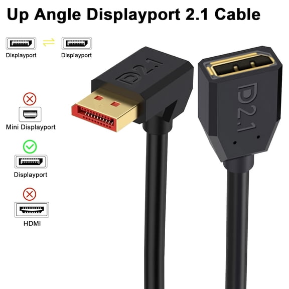 ASIASN-16K Displayport 2.1 Cable 1.5FT, 90 Degree Up Angle Displayport Extension Cable, 54Gbps DP Support for 16K@30Hz, 8K@120Hz, 4K@240Hz 165Hz, HDR, HDCP,Gaming Monitor, TV, Graphics