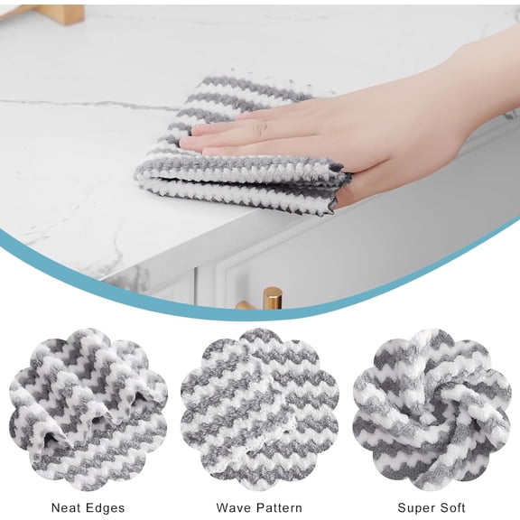 ASIASN-18 Pack Kitchen Dish Cloths, Ultra Soft and Absorbent Dish Towels, Reusable Fast Drying Microfiber Cleaning Cloth, Coral Velvet Wave Design No-lint,10 x 10 inches, Grey