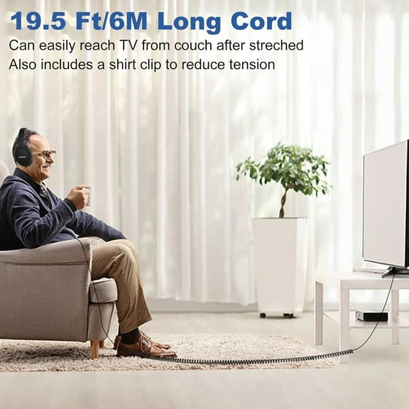 ASIASN-19.5Ft / 6M Extra Long Cord Headphones for TV PC with Volume Control, Spring Coiled Cable, 3.5mm AUX, Wired Over Ear Earphones for Seniors Hard of Hearing, Large Comfortable Computer Headset