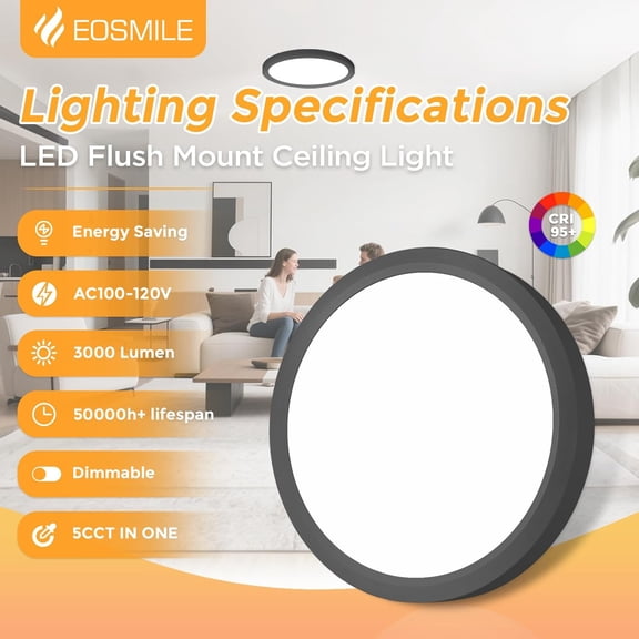 ASIASN-1Pack 12 Inch Black LED Flush Mount Ceiling Light, 25W, 3000LM, CRI 95+, 2700K-5000K 5Color Selectable & Dimmable, Thin Flat Surface Mount Lights for Bedroom, Hallway, Dining Room, Garage