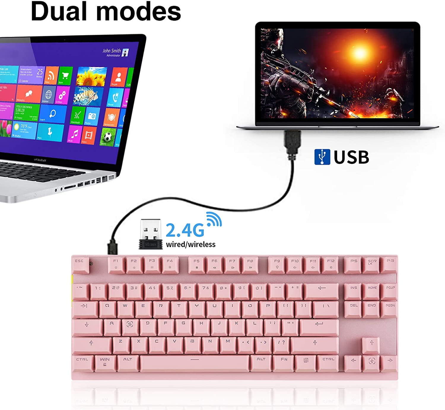 ASIASN-2.4GHz Wireless/Wired Mechanical Gaming Keyboard White Backlit ...