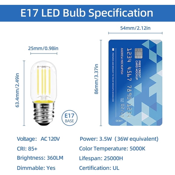 ASIASN-2.5 in E17 Intermediate Base LED Filament Bulb 360 Lumens, 5000K Daylight White Dimmable Appliance Bulb AC 120V, UL Certified T8 Microwave Light Bulbs Under Hood for Refrigerator Stove 4Pack