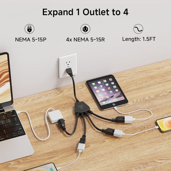 ASIASN-2-Pack 4 Outlet Power Splitter Cord - 1.5ft, NEMA 5-15P to NEMA 5-15R Y Power Cord Splitter, 16 AWG Outlet Saver, 4 Way ExtensionCord, 1.5 Feet