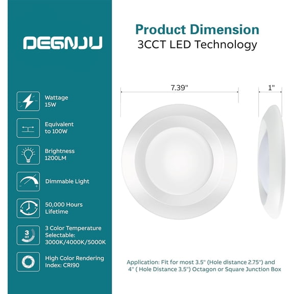 ASIASN-2 Pack 5/6 Inch LED Low Profile Surface Mount Disk Light, 3000K/4000K/5000K Dimmable Recessed Ceiling Light, CRI90, 1200LM, 15W=100W