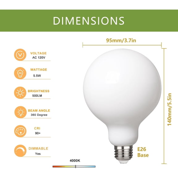 ASIASN-2 Pack G30(G95) Globe LED Light Bulbs, 5.5W Dimmable 50 Watt Equivalent LED Edison Bulbs, Neutral White 4000K, 500LM, E26 Base, Milky LED Filament Bulbs for Vanity Bathroom Bedroom