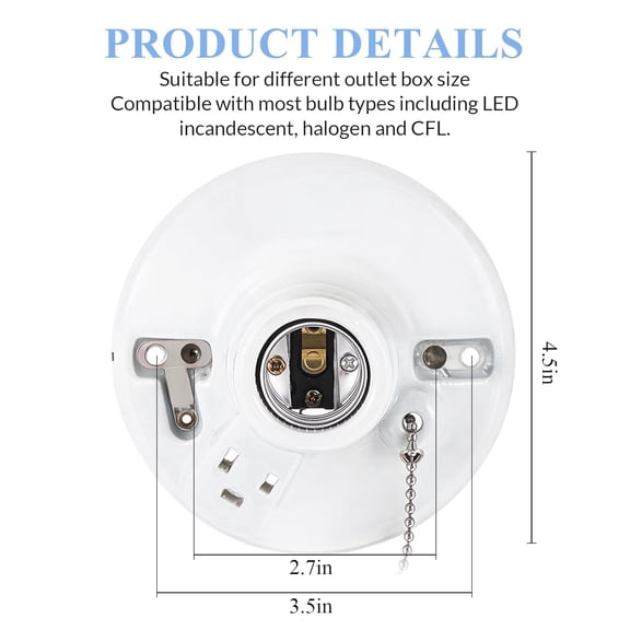 ASIASN-2 Pack Porcelain Light Socket with Outlet and Pull Chain Light Fixture, Bulb Socket with Grounded Outlet, E27/e26 Base, Porcelain Box Mount for Indoor Garage Closet Lighting