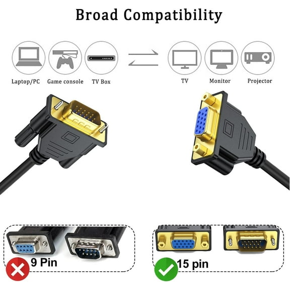 ASIASN-2-Pack VGA Extension Cable 6ft, VGA Cord Male to Female 15 Pin (NOT 9 Pin), SVGA HD15 Monitor Video Adapter Cable Support 1080P Full HD for Laptop, PC, Projector, HDTV, Display